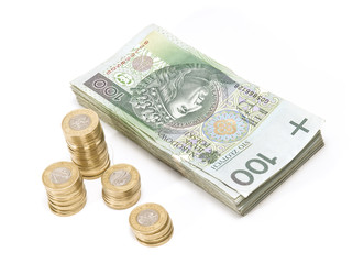 Piled polish banknotes and coins.
