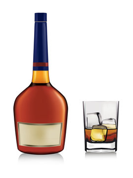 Bottle and whiskey in glass. Vector.