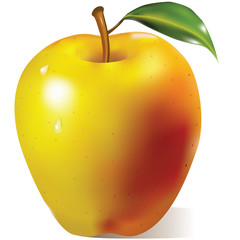 Yellow apple with green leaf