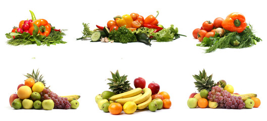 Six sets of tasty and juicy vegetables on white background
