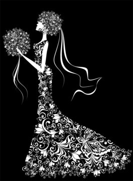 Vector bride, hair and dress decorated with flowers