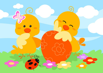 Pulcini con fiori insettini e uovo di Pasqua