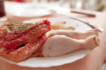 plate with raw meat in closeup