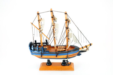 model boat on stand side view isolated on white