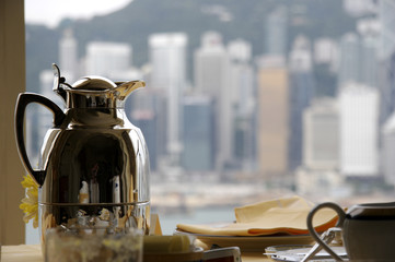 Coffee pot in hotel overlooking Hong Kong harbor