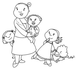 Maestra -o mamma- con bimbi di varie età. BN