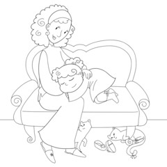 Mamma con bambina addormentata e gatti BN