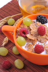 bowl of muesli with fruits and honey