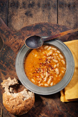 White bean stew with bread. Above shot
