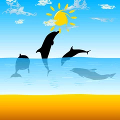 Keuken foto achterwand Dolfijnen dolfijnen spelen in de zee vectorillustratie