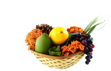 Fall Basket With Fruits, Flowers, And Pinecones