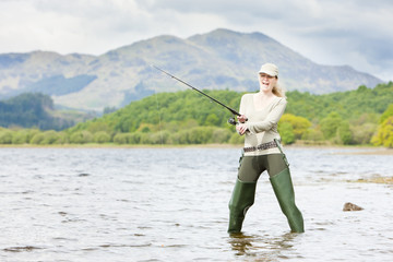 fishing woman, Loch Venachar, Trossachs, Scotland