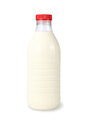 Milk in plastic bottles.  Isolated on white background.