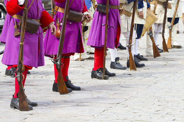 Troop of soldiers in training during the re-enactment of the War