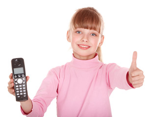 Child talking by telephone. Isolated.