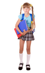 Schoolgirl with backpack holding books. Isolated.