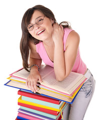 Girl with pile colored book .Isolated.