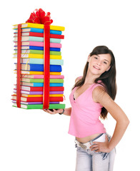 Girl holding pile of book.Isolated.