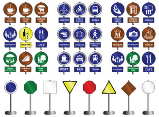 Sign set transport entertainment food & drink categories