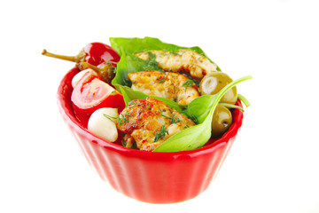 chicken chunks on red