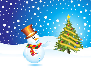 snow man with christmas tree with ice