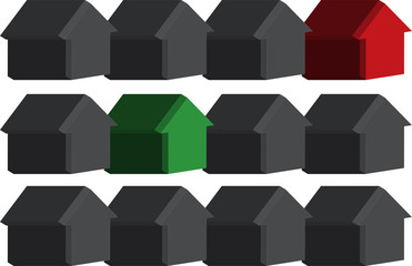 Black houses with green and red for efficiency values