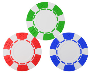 Three Casino chips over white