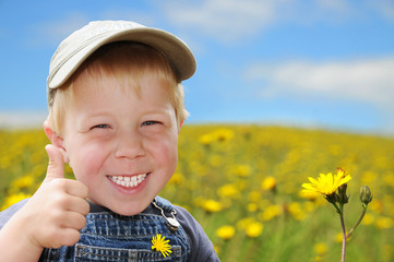 Junge auf Blumenwiese zeigt Daumen hoch