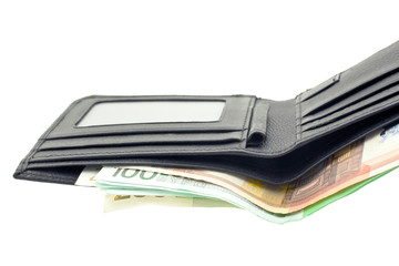 black leather wallet with euro notes