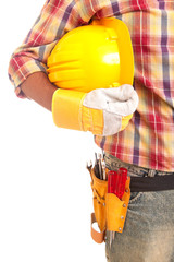 Worker holding helmet