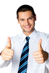 Fototapeta na wymiar Happy businessman with thumbs up gesture, isolated on white