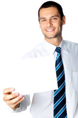 Young businessman showing signboard, isolated on white