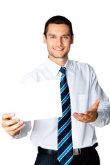 Young businessman showing signboard, isolated on white