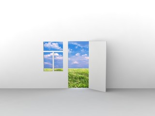 Exit to natural landscape with door and window.