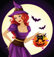 Beautiful witch hold a funny pumpkin