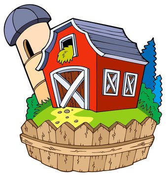 recommend clip art: Cartoon red barn with fence