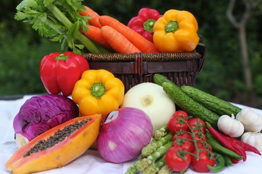 Vibrant, Multi-Coloured Basket of Fresh Fruits and Vegetables