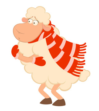 Cartoon funny sheep freezes in a scarf isolated on a white