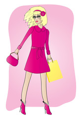 fashionable blonde with bags going shopping