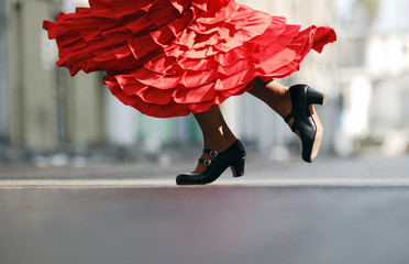 Flamenco Dancer red dress dancing shoes - obrazy, fototapety, plakaty