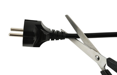 scissors cutting the cord isolated on white background