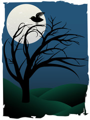 Single Bird Sits on Creepy Curvy Tree night full moon hills