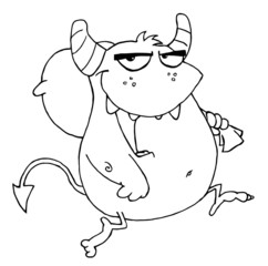 Outlined Happy Monster Runs With Bag