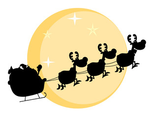 Black Silhouette Of Santa And A Reindeers Flying In Moon