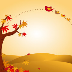 Naklejka na ściany i meble Autumn landscape with tree and bird