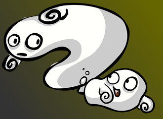 wo funny ghost play chase game. clipping path included.