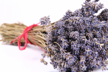 Bunch of dried lavender tied with a red string on white