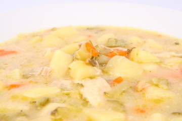 Pickled cucumber soup, traditional Polish cuisine, in close up