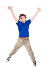 Boy jumping, running isolated on white background