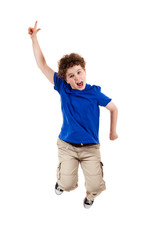 Boy jumping, running isolated on white background